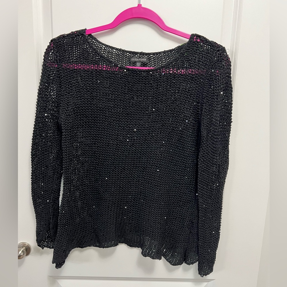 Eileen Fisher Black Open Knit Sparkle/Sequin Sweater XS